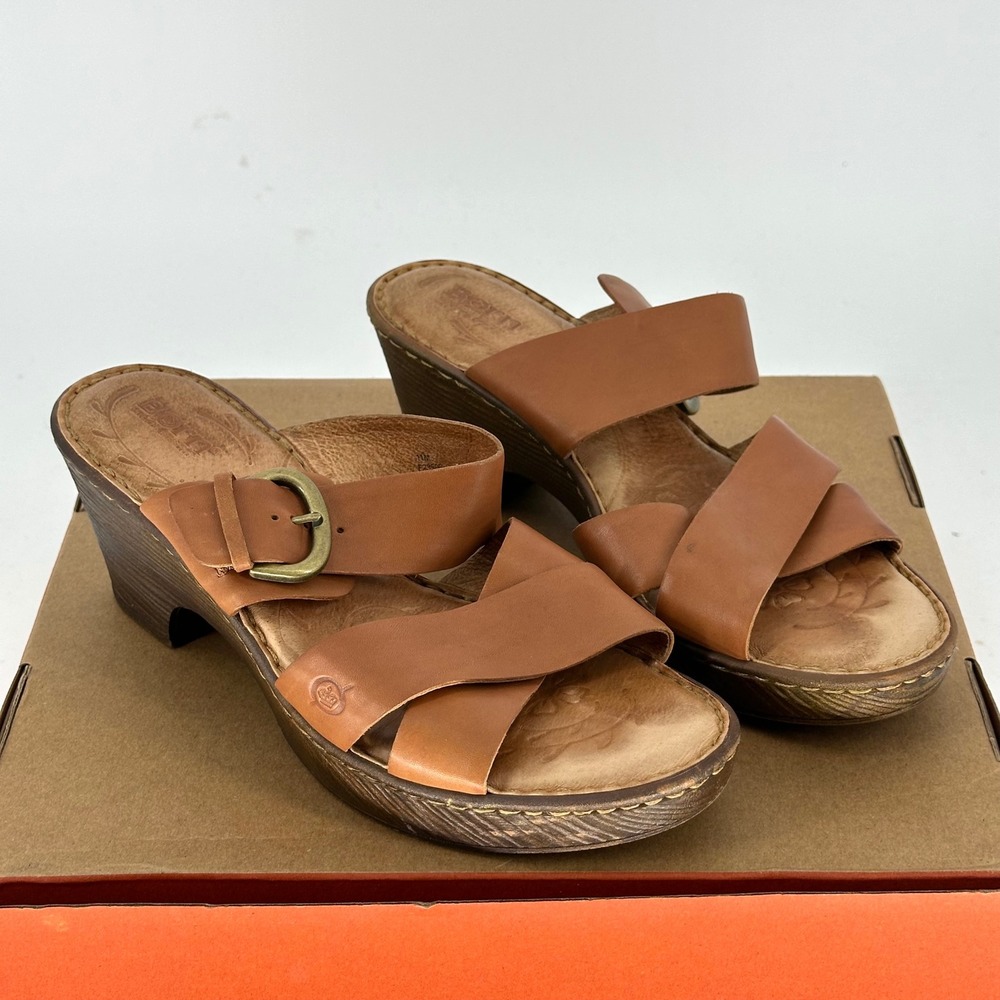 Born Charlotta Tan Brown‎ Leather Clog Buckle Mule Platform Heels Sandals 11 M